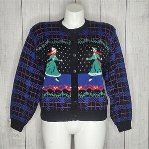 VTG 90s Wool Blend Knit Plaid Holiday Winter Ice Skating Cardigan, size Large